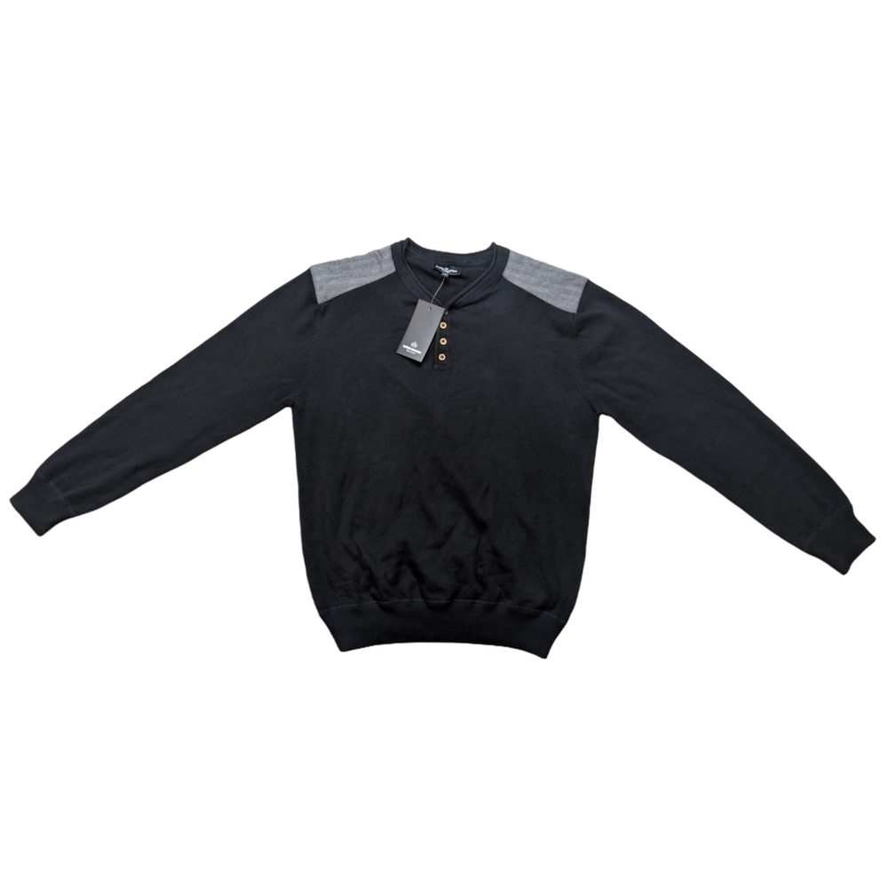 New British Invasion Men's Large Black Henley w/ Grey Patch Details‎ Long Sleeve